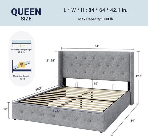 Allewie Queen Size Lift Up Storage Bed, Button Tufted Headboard - Image 2