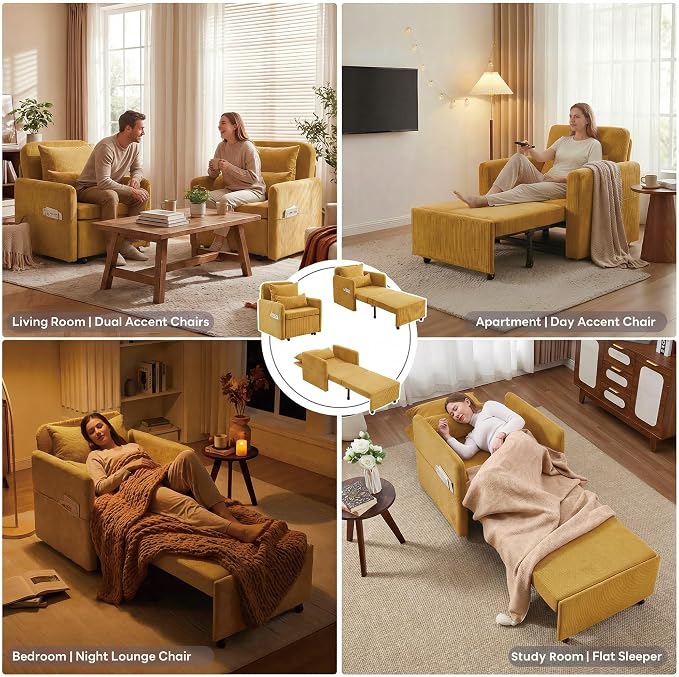 Iroomy 5-Level Adjustable Convertible Sleeper Chair, 3-in-1 Corduroy Pull Out - Image 6