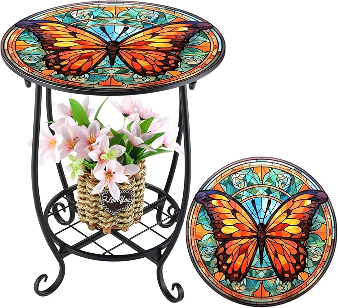Cinnvoice Outdoor Side Table Round Small Mosaic Patio Accent Indoor End Plant by Cinnvoice