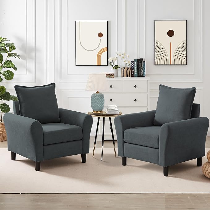 Mid-Century Accent Chairs Set of 2, Modern Linen Fabric Armchair by Chireca
