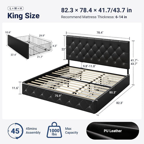 Allewie King Size Black Metal Faux Leather Platform Bed Frame - Image 2