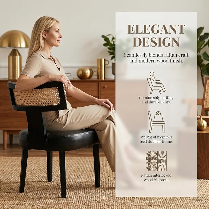 HNY Mid Century Modern Rattan Dining Chairs Set of 2, Farmhouse PU Leather - Image 5