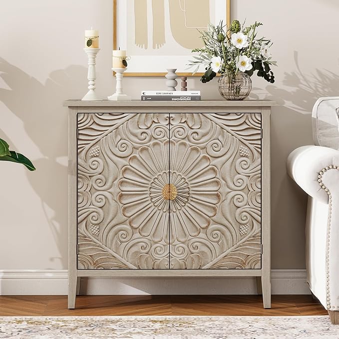 31.5" Farmhouse 2-Door Carved Accent Storage Cabinet, Vintage Distressed Floral by YHAOWORKS