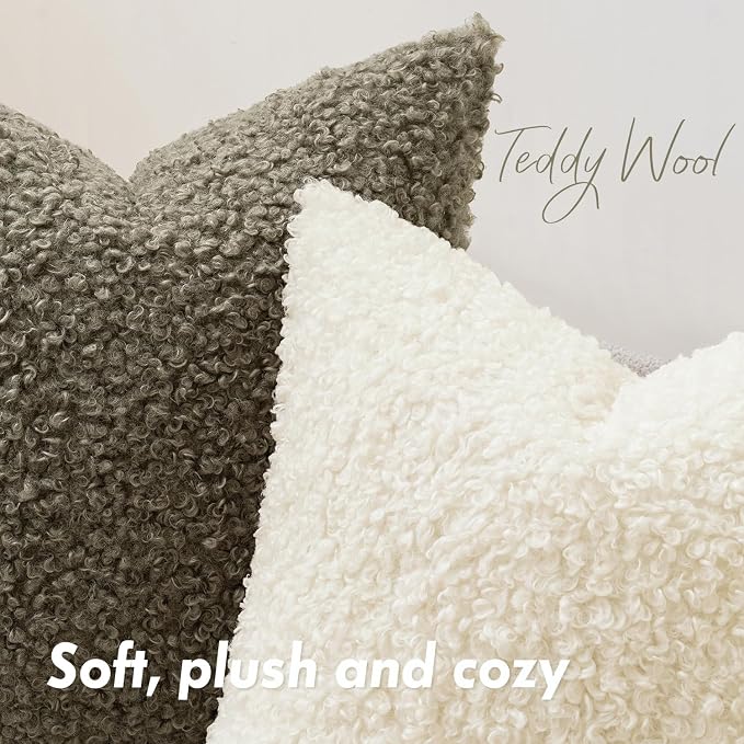 Faux Fur Throw Pillow Covers 20x20 Inch Set of 2 Boucle Neutral Decorative - Image 2