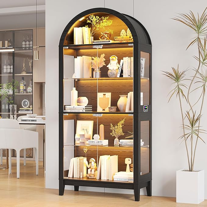 HNEBC Arched Book Shelf with Glass Doors, LED Bookcase with RGB Lights by HNEBC