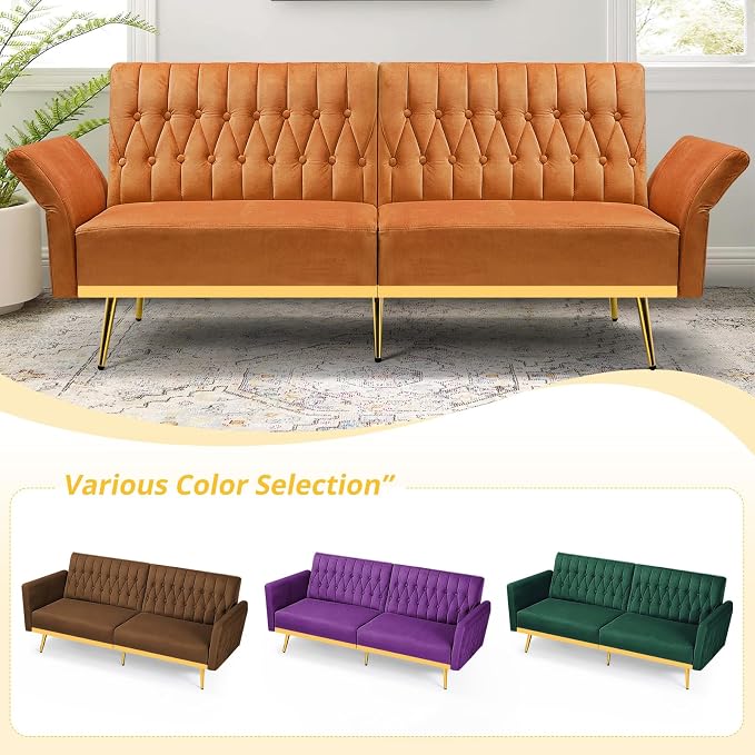 70” Velvet Futon Sofa Bed w/Adjustable Armrests & 2 Pillows, Convertible Futon - Image 7