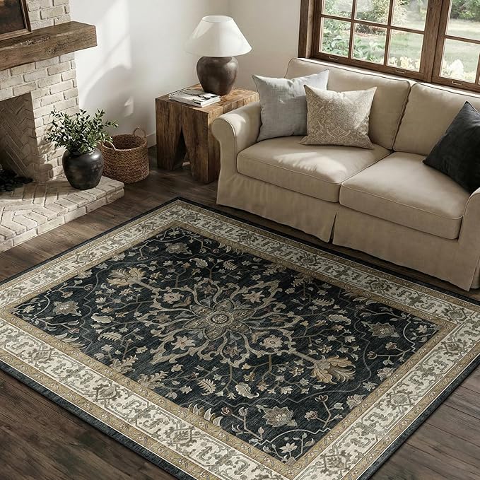 RELEANY Area Rugs 4'x6' Washable Non-Slip, Floral Vintage Distress Print by RELEANY
