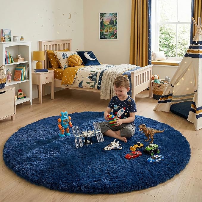 Navy Blue Round Rug 6Ft for Boys Bedroom, Large Fluffy Fuzzy Circle Area Rugs - Image 7