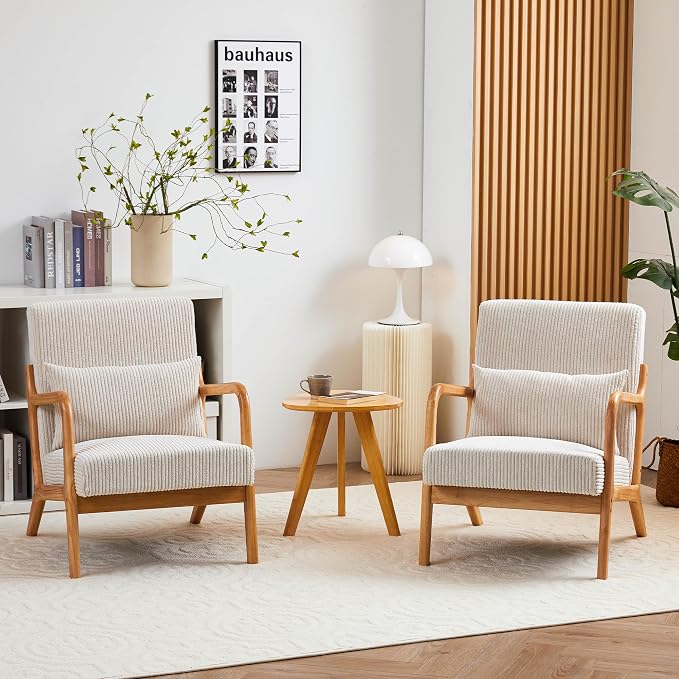 Mid Century Modern Accent Chairs Set of 2, Upholstered Corduroy Armchairs - Image 8