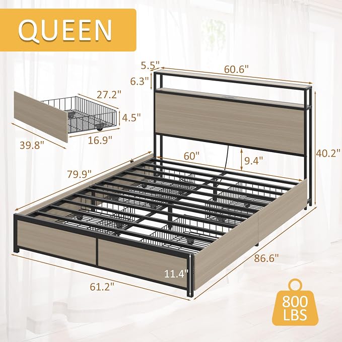 Lifezone Queen Bed Frame with 2-Tier Storage Headboard, Metal Platform Bed - Image 2