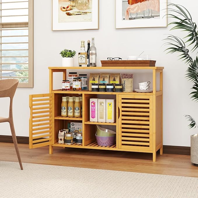 Giantex Bamboo Bathroom Storage Cabinet, 2-Door Storage Organizer - Image 7