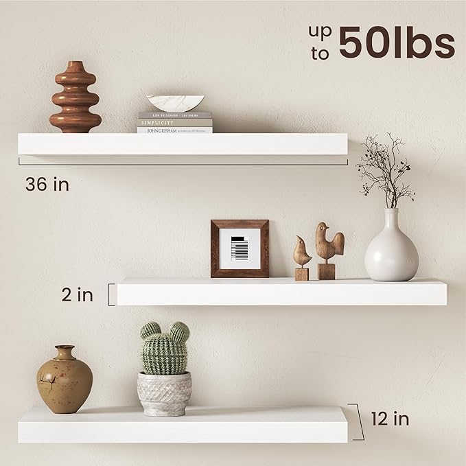 36Inch White Floating Shelves for Wall, 12 Inch Deep Shelves for Bedroom - Image 3