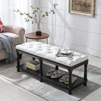Farmhouse Storage Bench Wooden Entryway Linen Upholstered Ottoman Button Tufted - Image 5