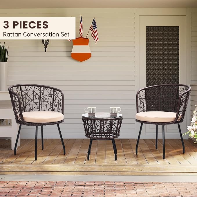 Kromax 3 Piece Bistro Set, Modern Outdoor Wicker Patio Furniture - Image 2