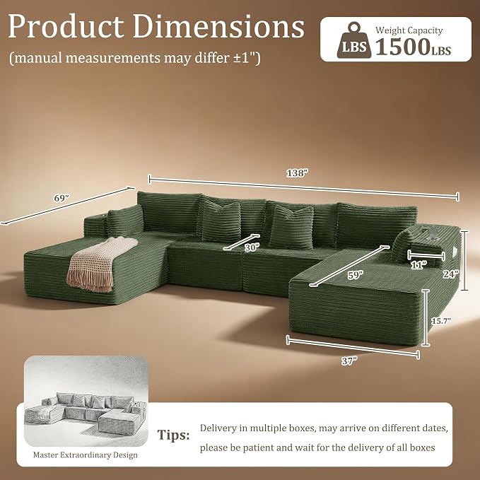 138" Cloud Sectional Couch, Comfort U Shaped Sofa - Image 2