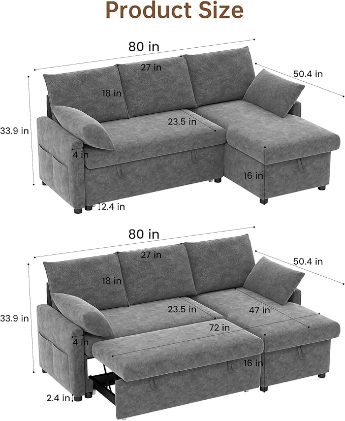 Sofa Bed, Apartment and Hotel, Dark Gray | Chenille Fabric - Image 2