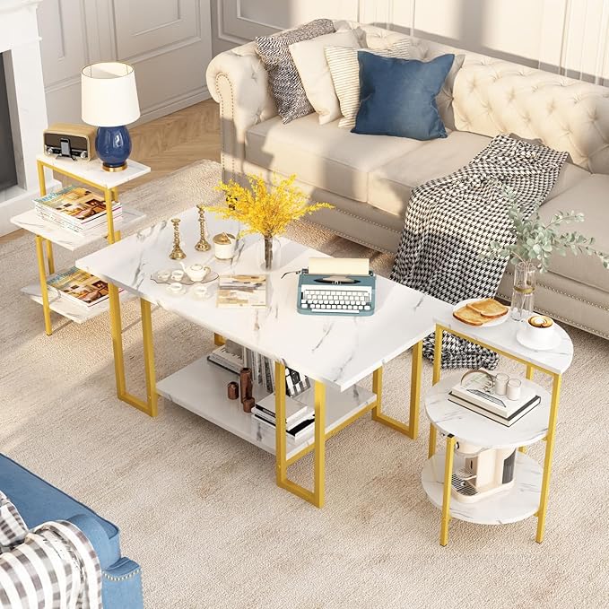 AWQM Faux Marble Table Set, Coffee Table & 2 Side Table, Faux Marble Tabletop - Image 5