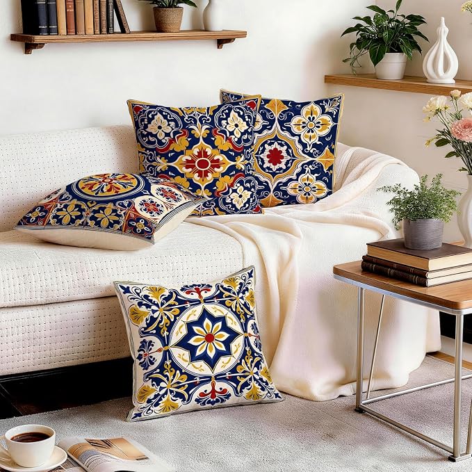 OBSEDE Throw Pillow Covers Set of 4, 18x18 Inch Blue and Yellow Mediterranean - Image 8