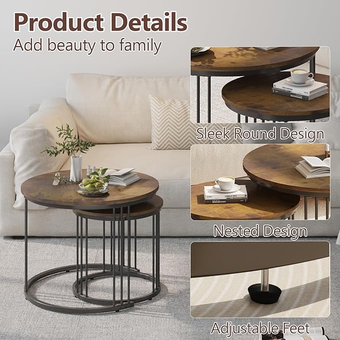 Garden 4 you Nesting Coffee Table, 23.6" Round Coffee Table Set of 2, Wooden - Image 7