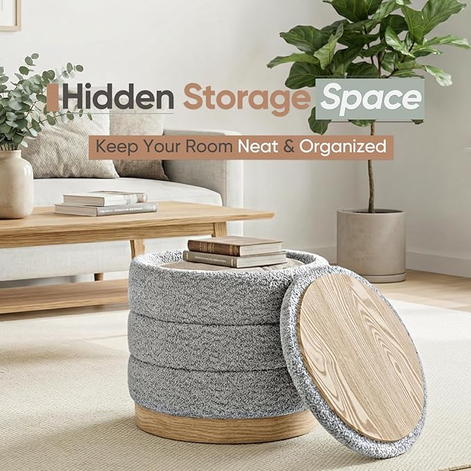 Round Storage Ottoman with Reversible Tray Lid, Folding Chenille Fabric - Image 4