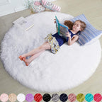 Amdrebio White Fluffy Round Rug 4Ft by Amdrebio