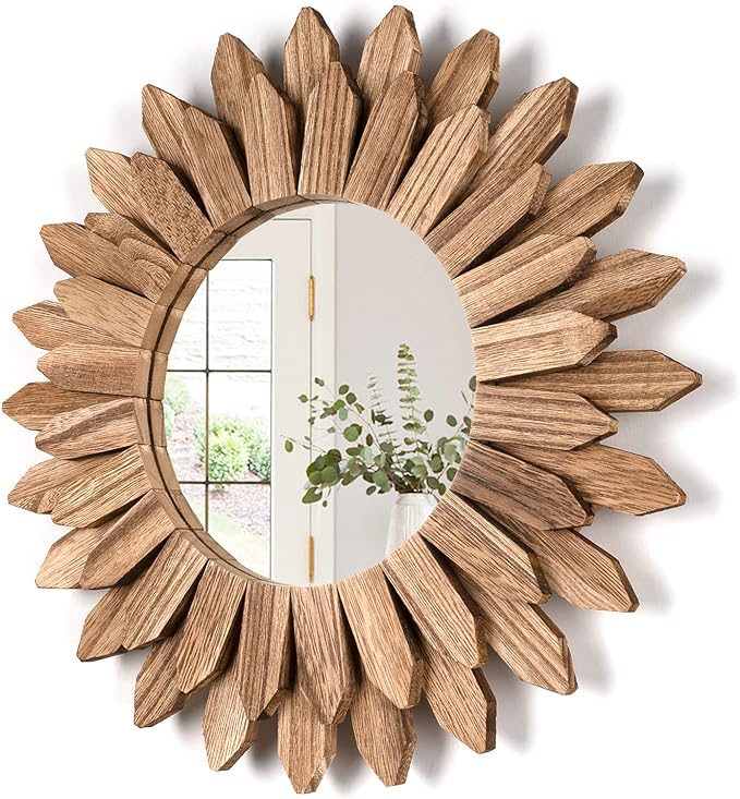 Honiway Wall Mirror Decorative 12 inch Rustic Wood Mirror Sunburst Boho Mirror by Honiway