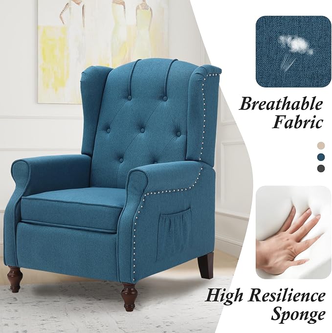 Wingback Recliner Chair with Massage and Heat, Tufted Fabric Push Back Recliner - Image 9