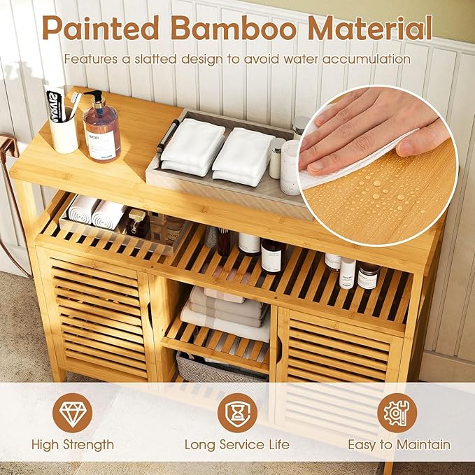 Giantex Bamboo Bathroom Storage Cabinet, 2-Door Storage Organizer - Image 5