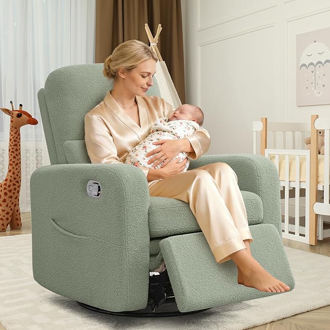 Swivel Rocker Recliner, Oversized Manual Boucle Nursery Glider Rocking Recliner - Image 6