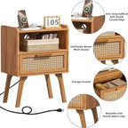Lerliuo Rattan Nightstand with Charging Station, Side Table with Drawer - Image 9