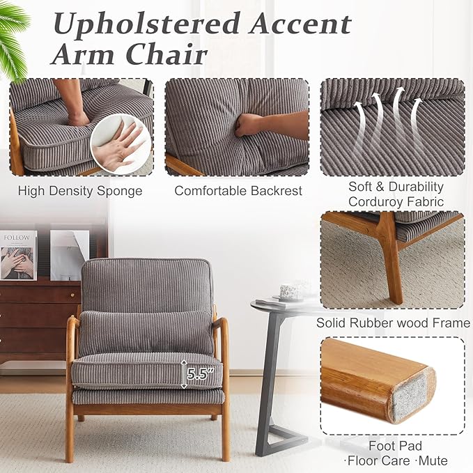 VINGLI Upgraded Premium Corduroy Accent Chair, Upholstered Arm Chair, Solid - Image 3