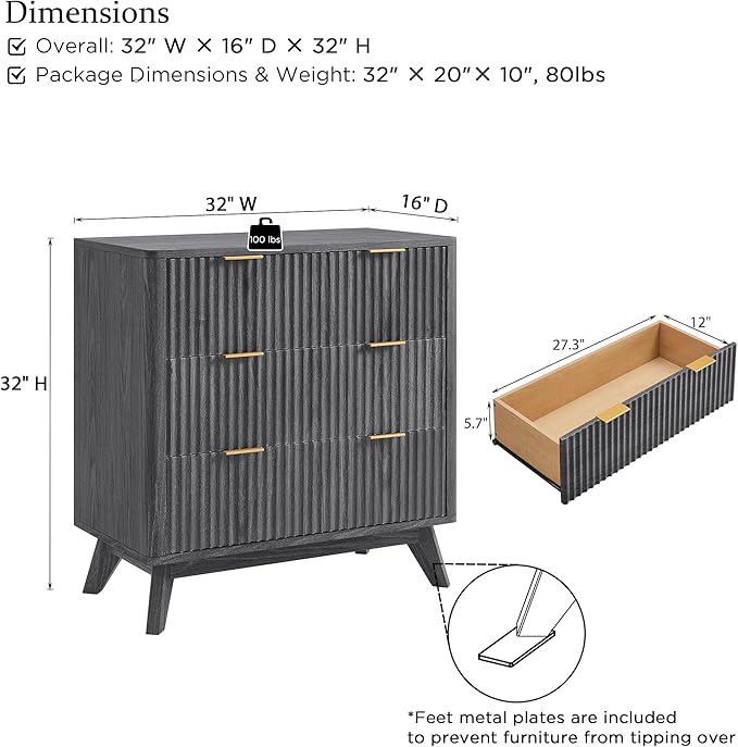 T4TREAM Fluted 3 Drawers Nightstand Set of 2, Oversized Extra Large Modern Side - Image 3
