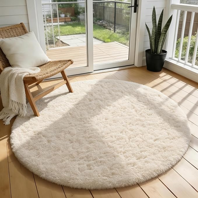 Ophanie Round Rugs 3Ft Ivory Circle Area Rug, Christmas Room Decor, Aesthetic by Ophanie