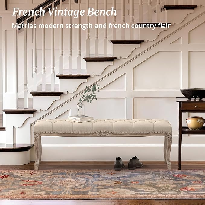 Cozyman Bedroom Bench, French Vintage Tufted Entryway 52.5" Carving Upholstered - Image 7
