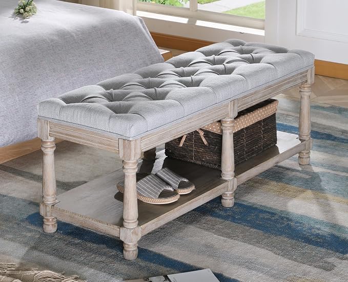 Farmhouse Storage Bench Wooden Entryway Upholstered Tufted Ottoman Bench - Image 8