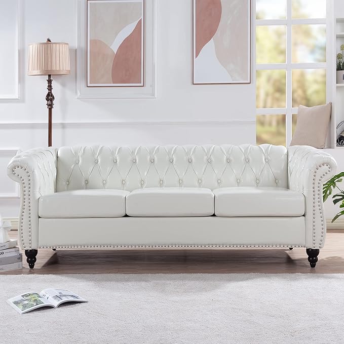 LEVNARY Chesterfield Sofa, Classic Tufted Upholstered Leather Couch, Modern 3 by LEVNARY