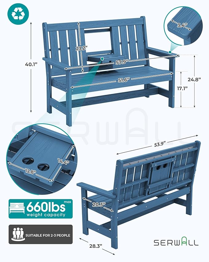 SERWALL Outdoor Bench with Cup Holder, Oversized 58" HDPE Porch Bench Suitable - Image 2