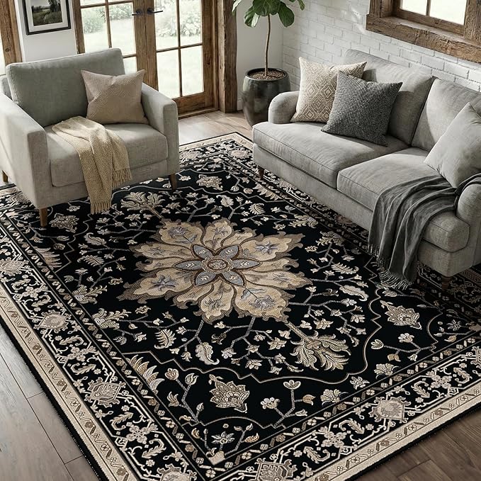 RELEANY Area Rugs 6'x8' Washable Non-Slip, Floral Vintage Distress Print by RELEANY