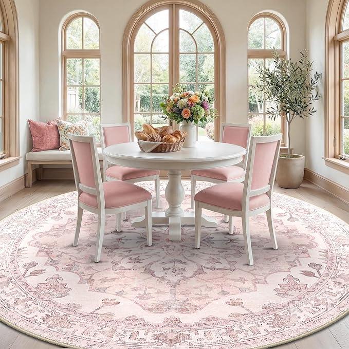 RELEANY Area Rugs Round 10ft Washable Non-Slip, Floral Vintage Distress Print - Image 3