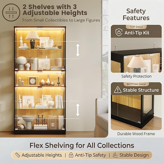Display Cabinet with Glass Doors & LED Lights, 5 Tier Lighted Display Case - Image 6