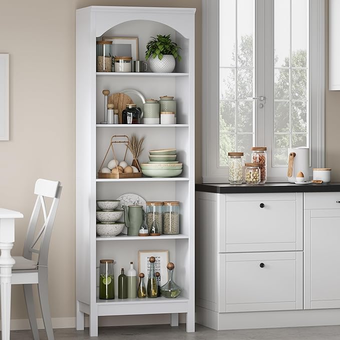 Arched Bookshelf with 5 Tier Open Shelves, Study and Living Room, Modern White - Image 8