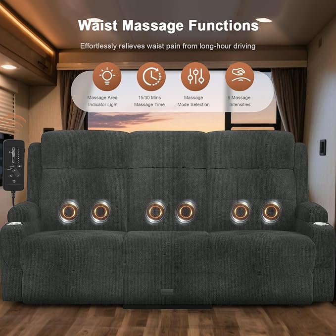 RV Loveseat Recliner Sofa, Massage Wall Hugger 3-Seater Recliners Couch - Image 4