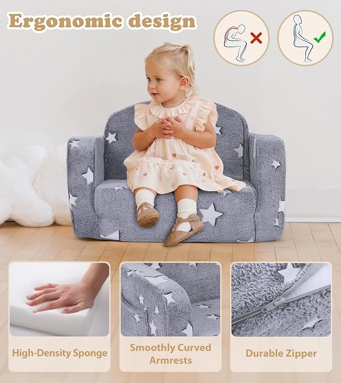 Kids Couch, 2-in-1 Soft Toddler Couch Fold Out - Image 7