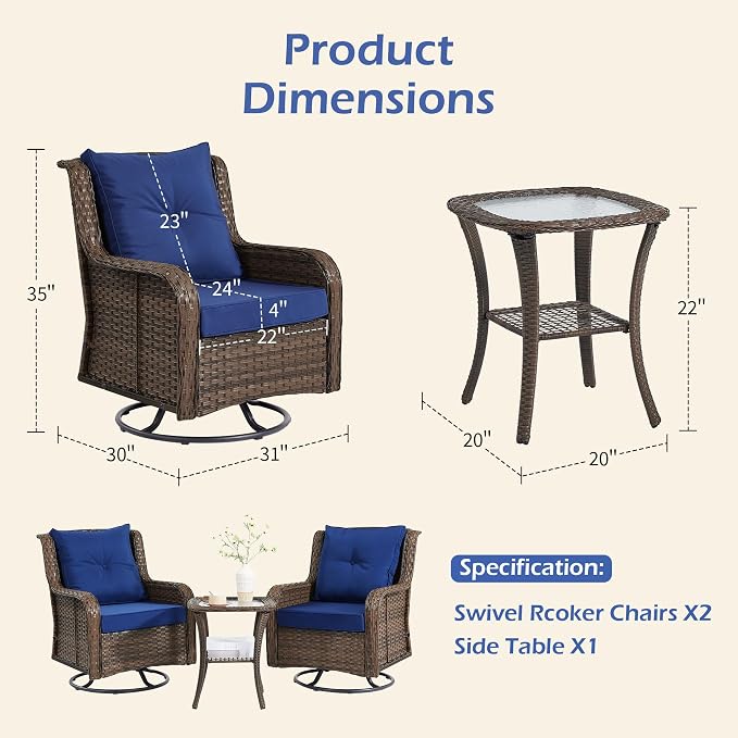 Wumiokio Patio Furniture Sets, 3 Pieces Wicker Outdoor Furniture - Image 3
