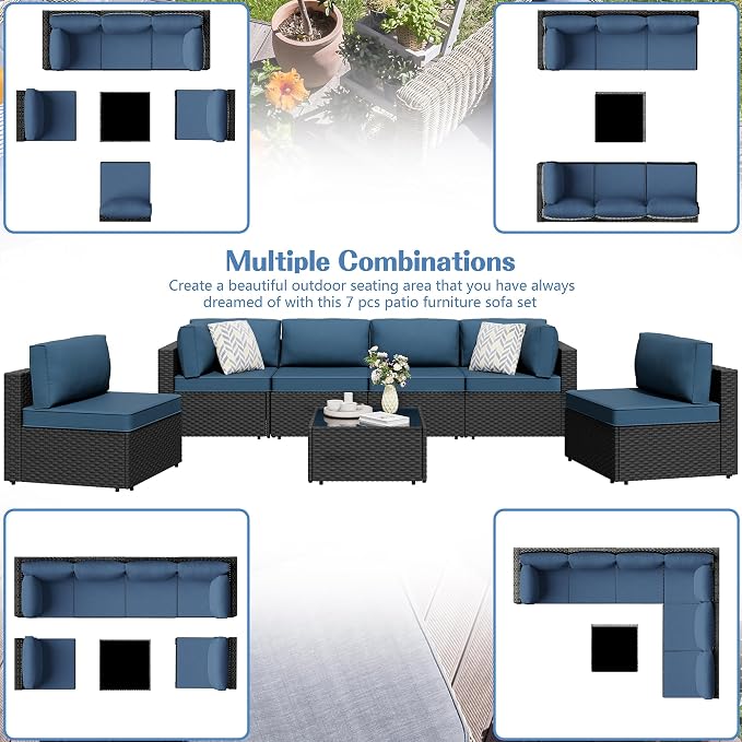 7 Pieces Outdoor Patio Sectional Sofa Couch, Wicker Furniture Patio - Image 8