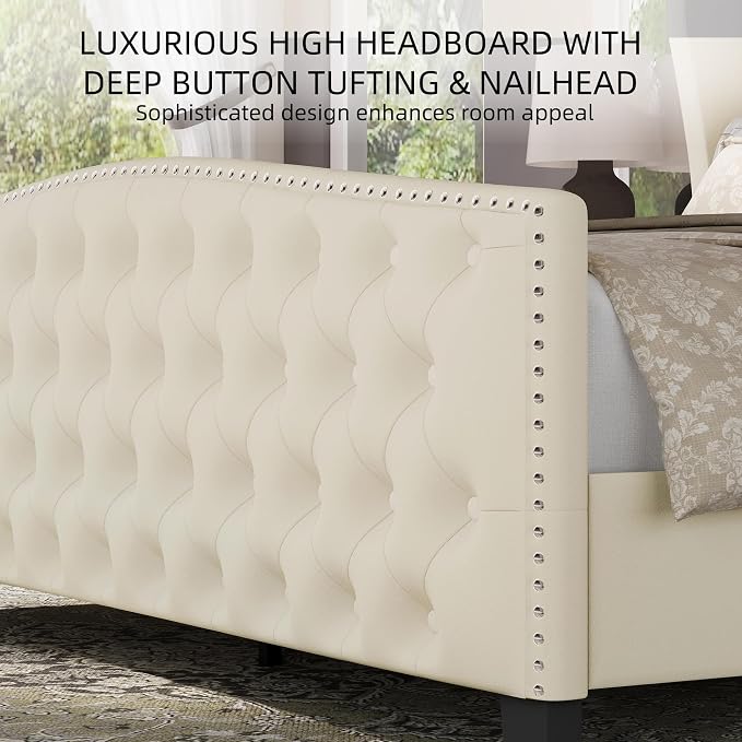 BRELTAM Upholstered King Size Bed Frame Velvet Beige Tufted Platform Bed Frame - Image 4
