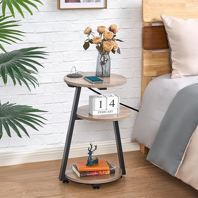 BEWISHOME Round End Table with Charging Station, Side Accent Table with 3-Tier - Image 4