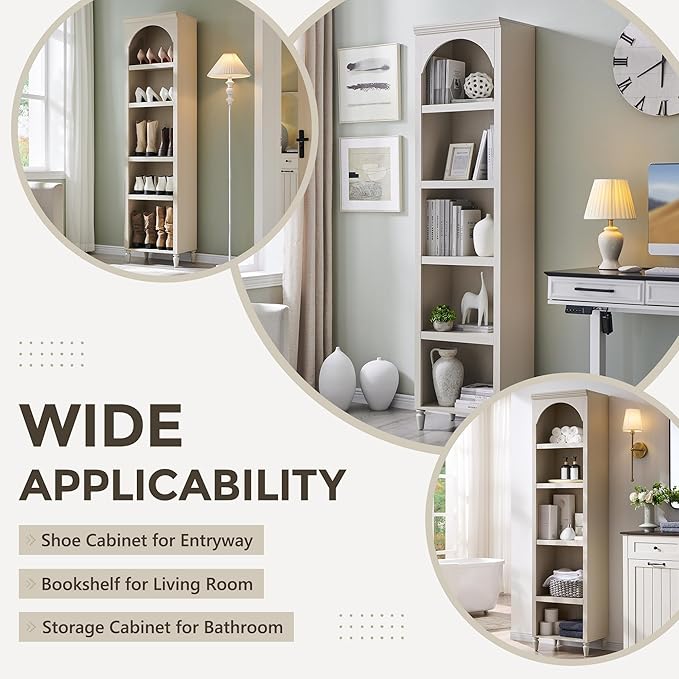 IFGET 76" Tall Arched Bookcase, Farmhouse 5 Tiers Narrow Arched Bookshelf - Image 4