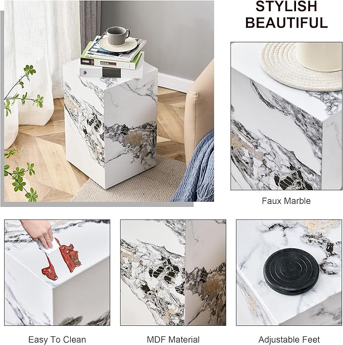 White Marble Rectangular End Coffee Table, Modern Elegant Bedside Nightstand - Image 3