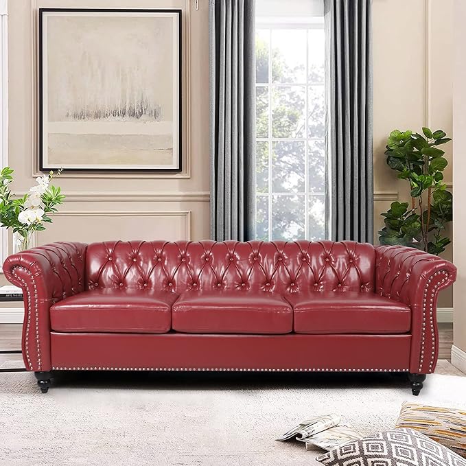 LEVNARY Chesterfield Sofa, Classic Tufted Upholstered Leather Couch, Modern 3 by LEVNARY